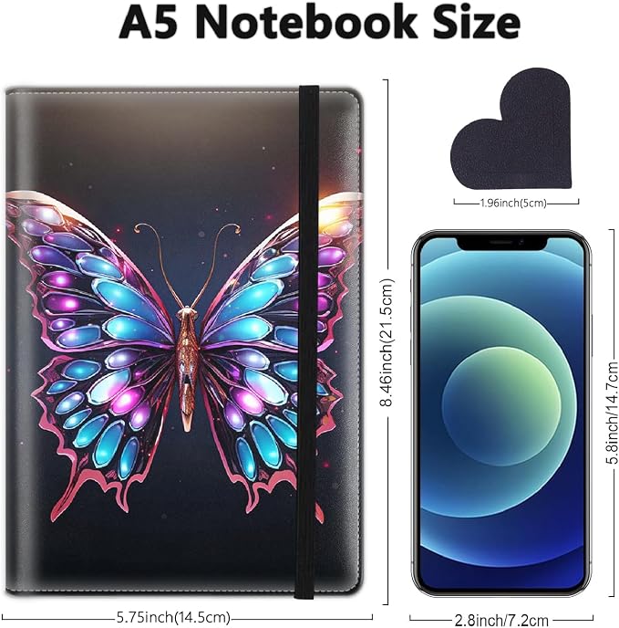 A5 Leather Lined Journal Notebook, 200 Pages Hardcover Executive Notebook for Men Women Office School Note Taking, Thick Writing Paper Daily Journal with Bookmarks/Indexes, Colorful Butterfly