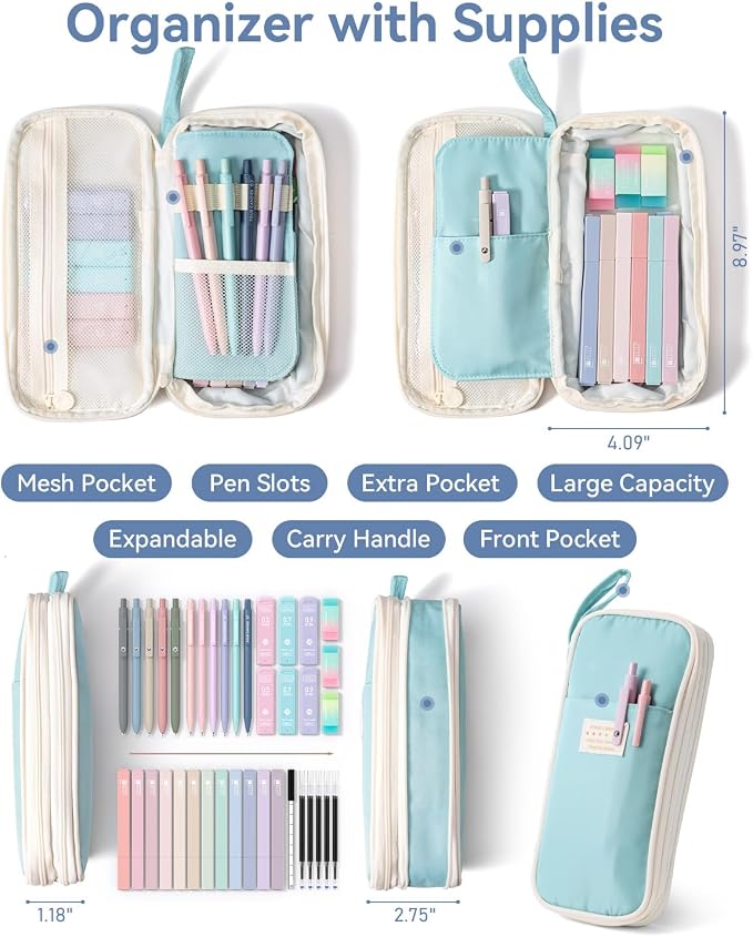 Four Candies School Supplies with Cute Pen Case, 39ct, Blue | Back to School Stationery Set, Essentials for College & Nursing Students, 5 Gel Pens, 6 Mechanical Pencils, 12 Highlighters
