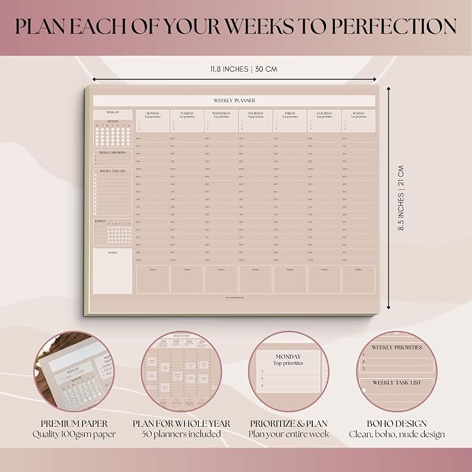 Weekly Hourly Planner Notepad, Daily Planner Desk Pad, Weekly Schedule, To Do List Note Pad, ADHD Planner | 50 Undated Tear Away Sheets | A4 (Lux)