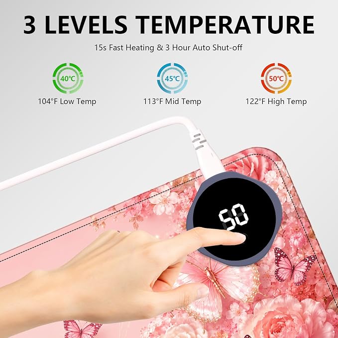 Large Heated Mouse Pad–31.5" x 13" Desk Mat for Office | 3 Adjustable Heat Levels,Auto Shut-Off After 3 Hours for Safety,Keeps Hands Warm While Working，Pink butterfly