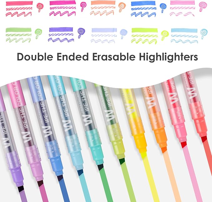 HANKU Erasable Highlighters, Dual Tip 10 Pack Highlighters Assorted Colors Erasable, Smooth Writing Book Journaling No Bleeding Highlighter Pens for Bible Journal Planner