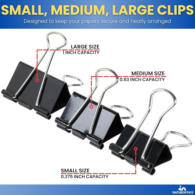 1InTheOffice Binder Clips Assorted Sizes, Paper Clamps, Small 0.75", Medium 1.25", Large 2", Metal, 24 Clips/Size, Black, 72 Pack
