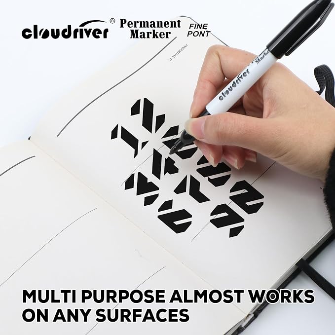 cloudriver Black Permanent Markers Fine Tip, 60 Packs Permanent Markers Bulk, Quick Drying & Fade Resistant, Permanent Marker Set Works on Plastic,Wood,Stone,Metal and Glass for Doodling, Marking