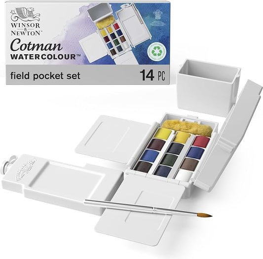 Winsor & Newton Cotman Watercolor Paint Set, Field Pocket Set, 12 Half Pan w/ Brush, Sponge, Bottle