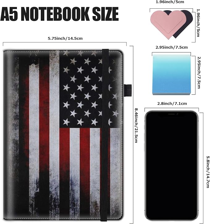 Hardcover Executive Notebooks, A5 PU Leather Lined Journal Notebook, 200 Pages Thick Paper Subject Notebooks for School,Work,Home Writing Business Notebook, Diary Book ，Vintage USA Flag