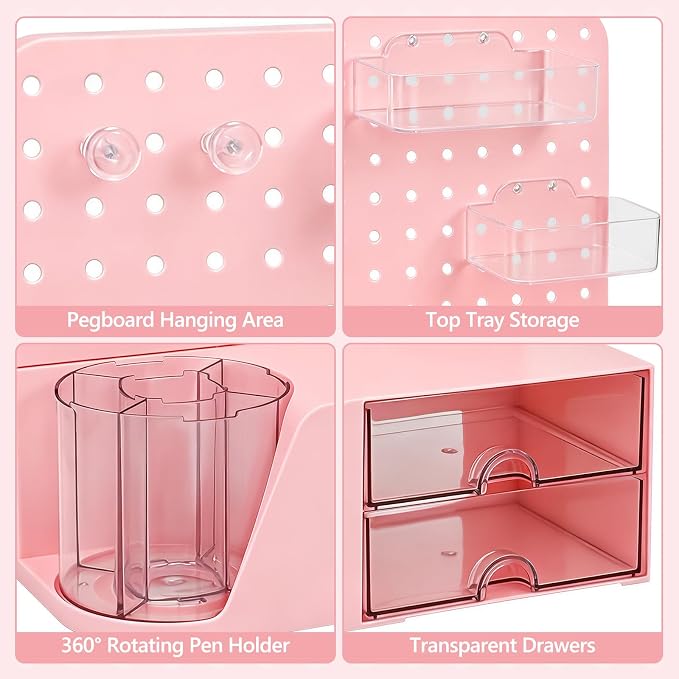 Desk Organizer with 360° Rotating Pen Holder, 5 Slots, 2 Drawers & Pegboard for Office School Art Supplies (Pink)