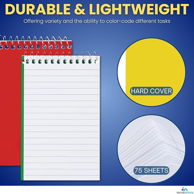 1InTheOffice Wirebound Spiral Memo Books, Memo Pads, 3" x 5", College Ruled, Small Notepad 3x5, Assorted, 75 Sheets/Pad, 25 Pads/Pack