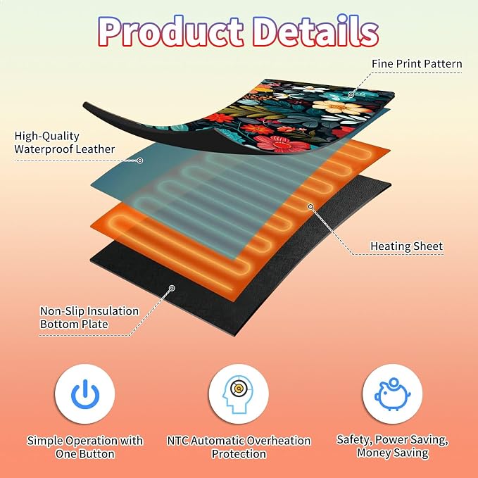Heated Desk Pad Large Mouse Pad 31.5 x 13 inch with 3 Levels Heating & Auto Shut-Off Warm Mouse pad PU Leather Computer Mousepad for Home Office Work - Colorful Flowers and Leaf