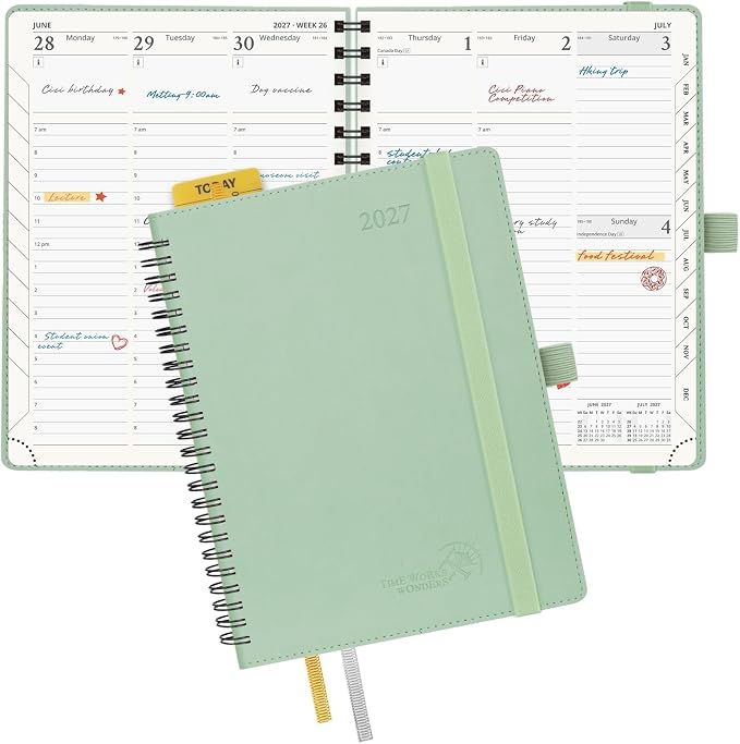 POPRUN 2027 Planner, 6.5'' x 8.5'', Weekly and Monthly Daily Calendar Book | 2027 Agenda(Jan - Dec) Appointment Book with Hourly Time Slots, Monthly Tabs, 100GSM, Spiral Leather Cover - Celadon Green