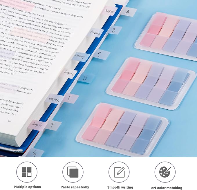 Golcellia Sticky Tabs, Pastel Book Tabs for Notebooks, 300 Pcs | Writable pastel paper tabs for books, notes, planners and files, repositionable page markers for school, office and home