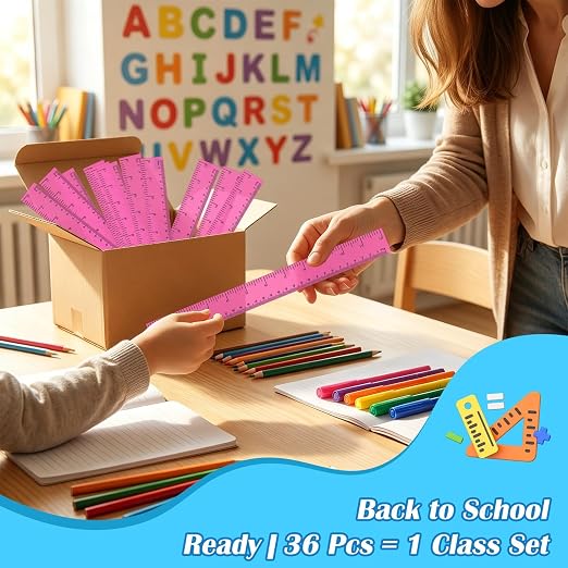 36 Pack 12 Inch Clear Pink Plastic Rulers Bulk, Transparent Metric Rulers with Centimeters and Inches, Straight Measuring Rulers for Back to School, Kids Classroom School Office Home Supplies