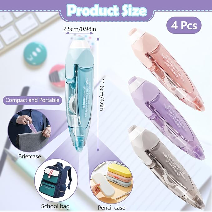 ASTIMESA 4 Pcs Refillable Retractable Correction Tape, Correction Tape Pen Easy to Use, Pen Shaped Applicator for Corrections Office Supplies (4 Colors)