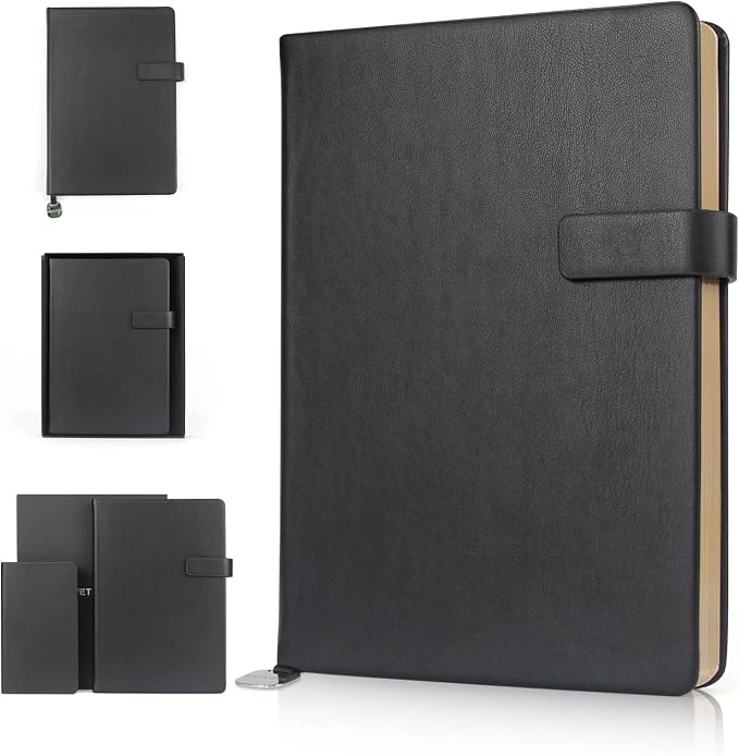 A5 Hard Cover Lined Notebook, Pen Holder & Gold Edges, 180° Lay Flat Journal, Large 5.7 x 8.4 in, Bookmark & Gift Box, Business Notebook for Work, Study, Travel(Black)