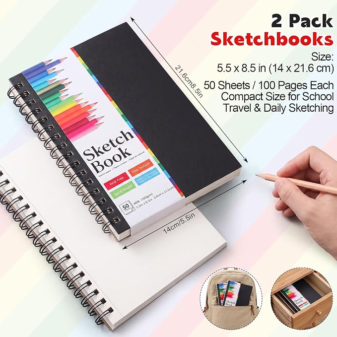 5.5" x 8.5" Small Sketch Book, 2 Pack Mini Sketchbook Drawing Pad, 68lb/100gsm Spiral Bound Sketch Book for Kids Students Beginner Artists Drawing Painting Sketching