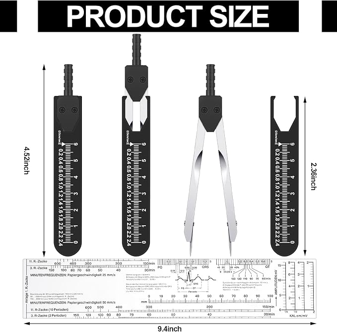 Tondiamo 2 Pack EKG Calipers EKG Ruler Card Combination Set ECG Drafting Electrocardiographs Measuring Tool for Doctors, Nurses, Medical Student(Black and Clear)