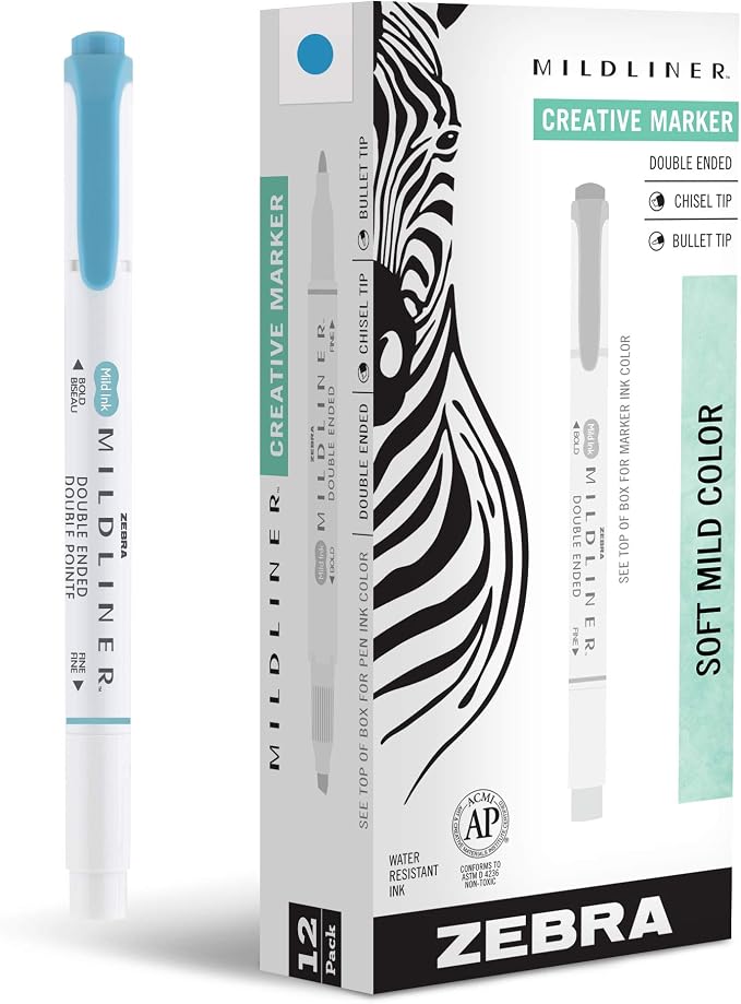 Zebra Pen MILDLINER No Bleed Highlighter, Smoke Blue, Dual Tip, 12-Pack | Broad and Fine Point Tip Marker Set, Ideal for Bible Highlighting, Journaling, Office, School and Teacher Supplies (78420upc)