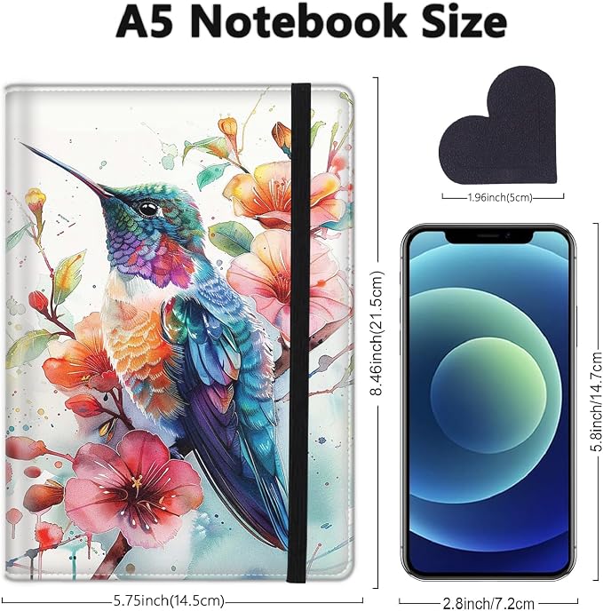 A5 Leather Lined Journal Notebook, 200 Pages Hardcover Executive Notebook for Men Women Office School Note Taking, Thick Writing Paper Daily Journal with Bookmarks/Indexes, Watercolor Hummingbird