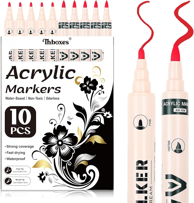 Thboxes Red Paint Markers 10 Pack, Dual Tip Acrylic Paint Pens | Fine & Brush Tips, Water-Based Acrylic Ink, Quick-Dry, Works On Wood, Glass, Rock, Fabric, Canvas, Plastic