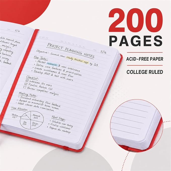 SUIN Hardcover-Journal-Notebooks, A5 Lined Journals Notebook for Writing 200 Pages, 8.2 x 5.5 inch, Classic Ruled Notebooks for Work/Travel/College (Red- 1 Pack)