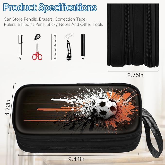 TILYTADLY Large Pencil Case for Boys - Soccer Boys Pencil Pouch with Zipper Compartments - Big Capacity Pen Box Pen Bag Organizer with Keychain for Kids Teens School