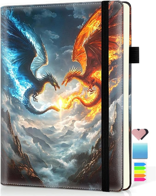 Hardcover Executive Notebooks, A5 PU Leather Lined Journal Notebook, 200 Pages Thick Paper Subject Notebooks for School,Work,Home Writing Business Notebook, Diary Book, Dragon Fighting