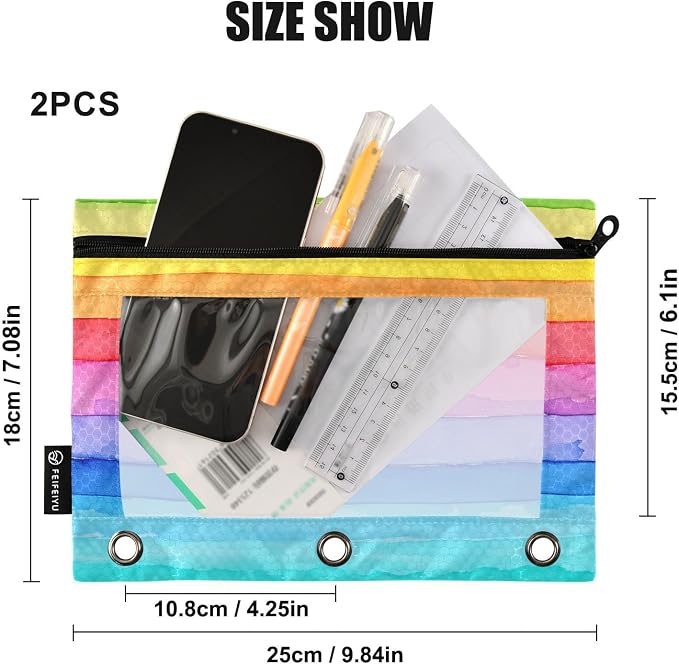 Gredecor 3 Ring Binder Pencil Pouch, Bright Striped Watercolor Zippered Pen Case Pouches with Clear Window, 2 Pack Stylish Office & School Supplie