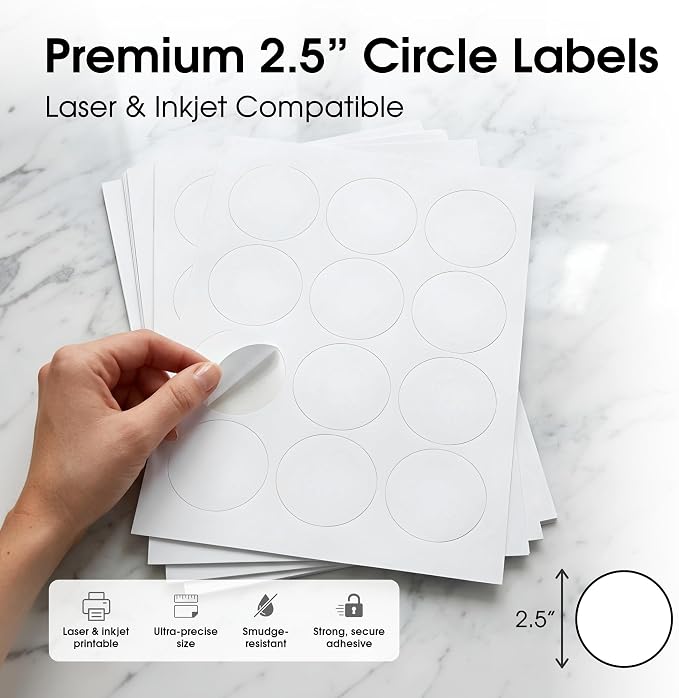 2.5" Printable Round Labels for Laser and Inkjet Printers - 6000 Blank Labels, 500 Sheets for Business Logos, Thank You Stickers, Price Tags, QR Codes - Spartan Industrial Template C005