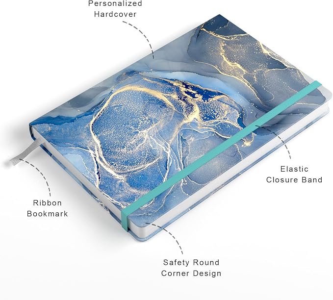 Lined Journal Notebook, Hardcover, Medium 5.7 x 8.4 in, 160 Pages Thick Paper, Cute Aesthetic A5 College Ruled Notebook for Journaling Writing Work Office School Women Men, Gray Blue Marble