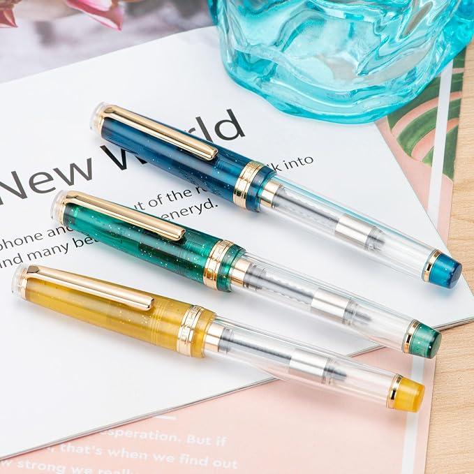 Jinhao 82 Acrylic Fountain Pen, Iridium Bent Nib with Ink Converter, Vintage Mustard Yellow & Transparent Color Classic Design Smooth Writing Pen (Gold Trim)