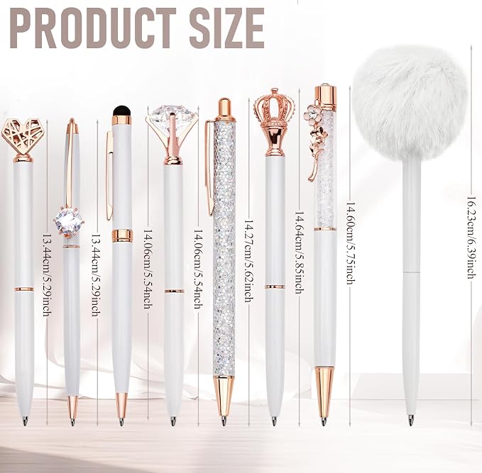 WEMATE 8Pcs Fancy Pens Set, Metal Crystal Diamond Pens White | With Black & Blue Ink, Glitter Design for Journaling, Office Supplies, School Use & Gifts for Women