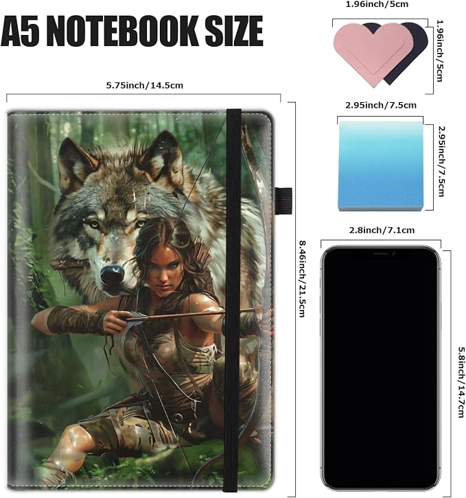 Hardcover Executive Notebooks, A5 PU Leather Lined Journal Notebook, 200 Pages Thick Paper Subject Notebooks for School,Work,Home Writing Business Notebook, Diary Book ，Hunting Beauty and Wolf
