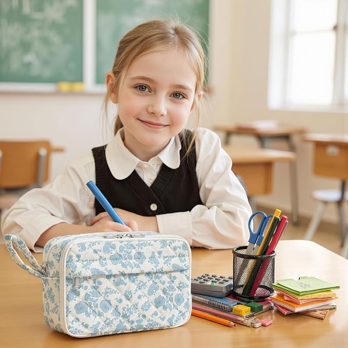 WOBAGMEN Quilted Pencil Pouch for Girls Women, Large Pencil Case Pouch with Compartments Cute Aesthetic Pencil Case Organizer, Floral Pencil Bag for School Supplies (blue floral)