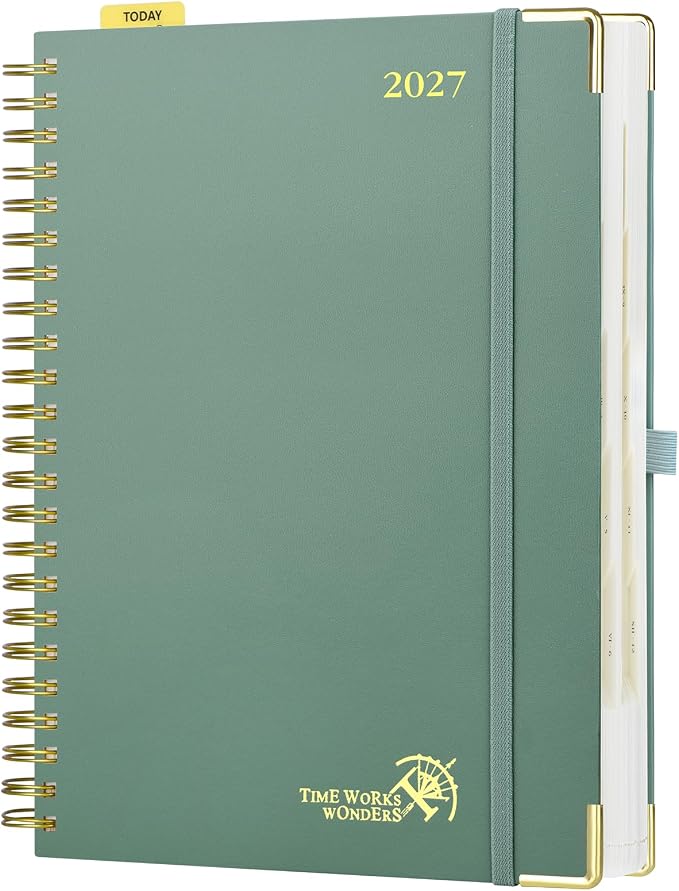 POPRUN 2027 Daily Planner One Page Per Day, Large 8.5" x 12", Calendar Book from Jan 2027 - Dec 2027, Hardcover Appointment Book with Hourly Time Slots, Spiral Bound, Monthly Tabs - Midnight Green