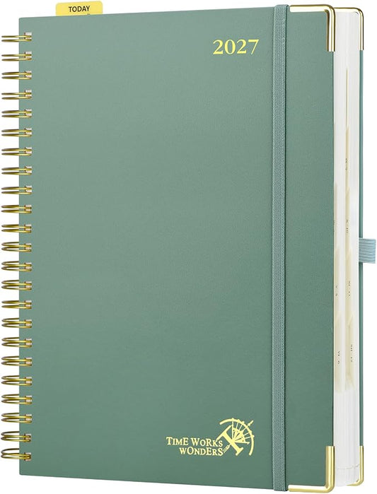 POPRUN 2027 Daily Planner One Page Per Day, Large 8.5" x 12", Calendar Book from Jan 2027 - Dec 2027, Hardcover Appointment Book with Hourly Time Slots, Spiral Bound, Monthly Tabs - Midnight Green