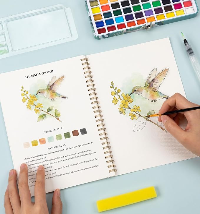 Watercolor Workbook Animals, Water Coloring Book, 12 Different Patterns of Original DIY Designs, 50 Colors Watercolor Paint Set with Palette and Brush, Beginner-Friendly Watercolor Workbooks (Animals)
