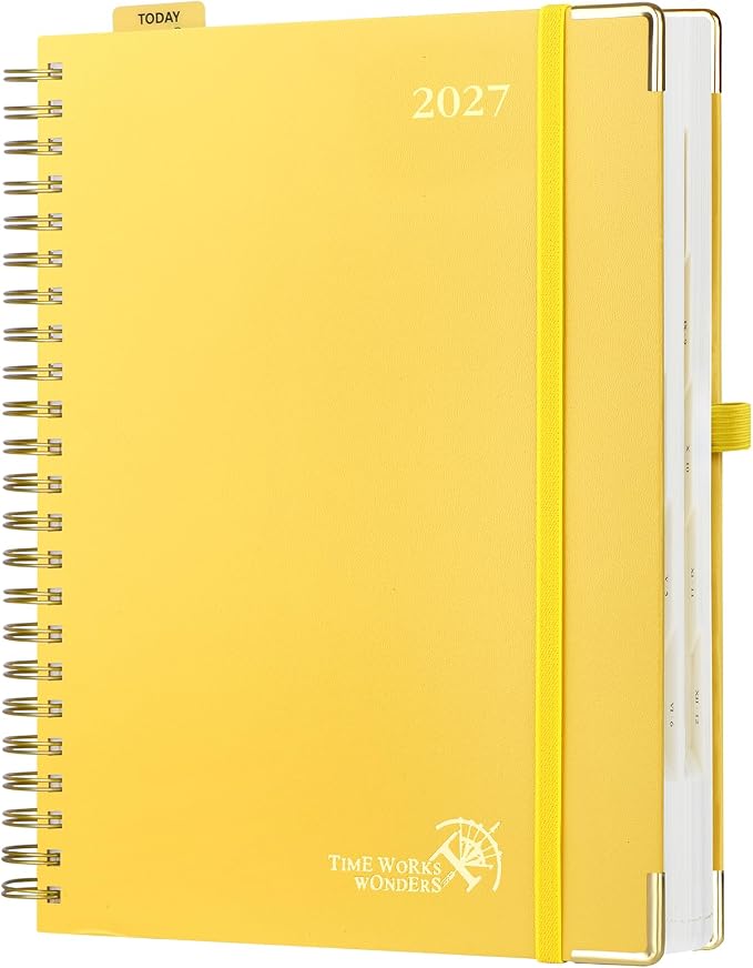 POPRUN 2027 Daily Planner One Page Per Day, Large 8.5" x 12", Calendar Book from Jan 2027 - Dec 2027, Hardcover Appointment Book with Hourly Time Slots, Spiral Bound, Monthly Tabs - Light Yellow