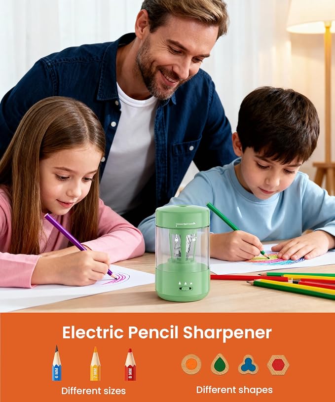 Electric Pencil Sharpener for Classroom, Fully Automatic Pencil Sharpener for 6-8mm Pencils & Colored Pencils, Auto in & Out, Type-C Rechargeable Pencil Sharpeners for Home, School, Green