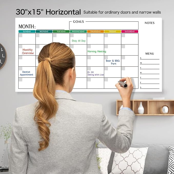 15x30 Dry Erase Wall Calendar, Reusable Undated Whiteboard Planner 3 Pcs | Colorful Horizontal Landscape Layout for Office, Classroom, Home with Markers & Stickers