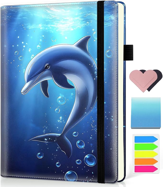 Hardcover Executive Notebooks, A5 PU Leather Lined Journal Notebook, 200 Pages Thick Paper Subject Notebooks for School,Work,Home Writing Business Notebook, Diary Book ，Dolphin