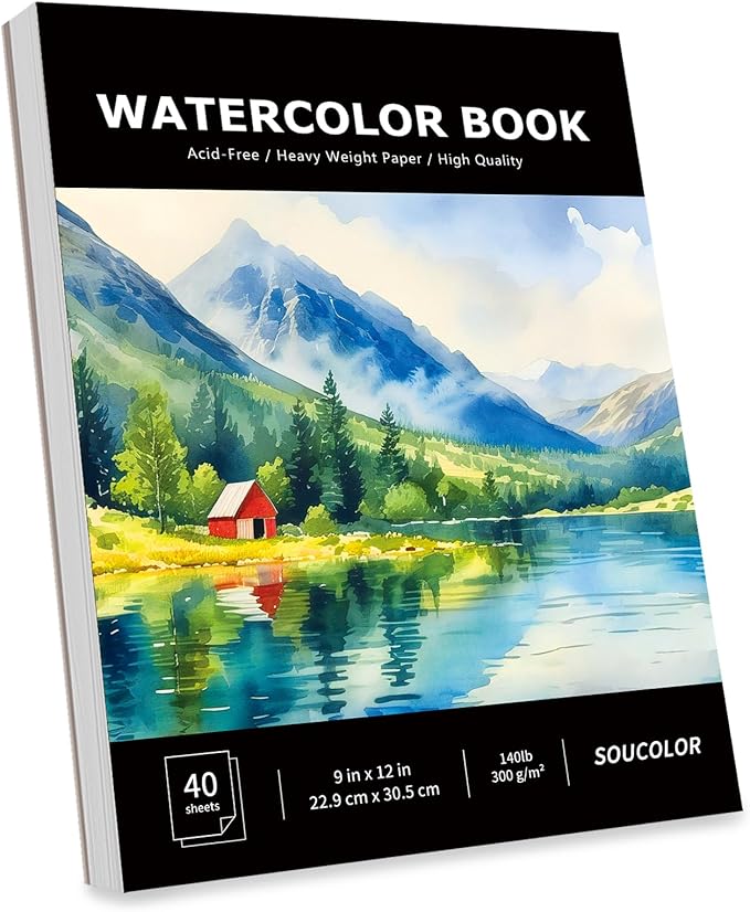 Soucolor Watercolor Paper Pad 9x12 140lb Cold Press 40 Sheets Art Supplies | Professional Wet Techniques Water Color Paper,140lb/300gsm Artist Painting Book texture,Acid-free archival quality
