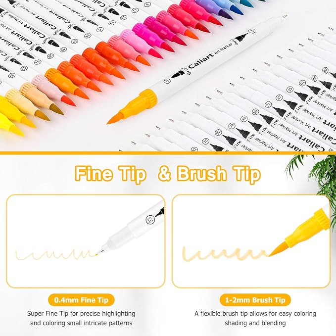 Caliart 72 Colors Double Tip Brush Pen Art Markers for Adult Coloring Books | Artist Fine & Brush Coloring Markers for Journaling Calligraphy Drawing Gifts Teacher Office Art Supplies