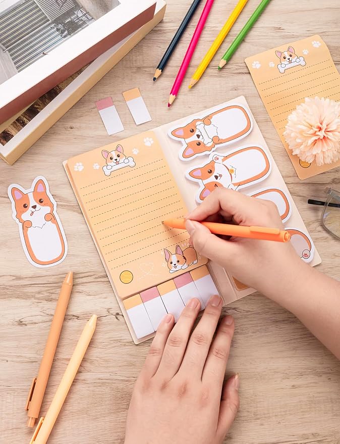 Corgis Sticky Notes Corgi Gifts for Corgi Lovers, Cute Cartoon Dog Post It Notes with 3 Point Pens, Self-Adhesive Writing Memo Pages Back to School Office Supplies