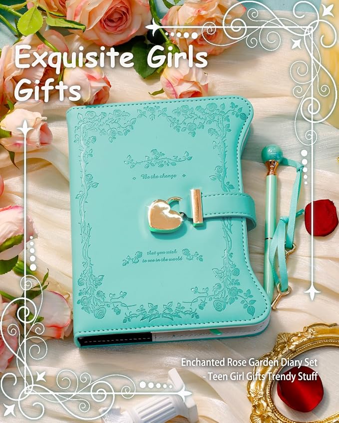 Hoci Poci Diary with Lock and Keys for Girls Gift Ideas, 360 Pages Journal | Elegant Gift Box for Teen Girls, B6 Gold Edged Pages Refillable Notebook with Pen and Bookmark for Writing, Garden Turquoise