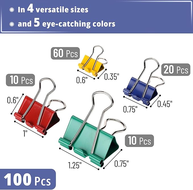 Mr. Pen- Metal Binder Clips, 100 pcs, Assorted Sizes | Colored Binder Paper Clips, Bulk Paper Clamps for Office Supplies, Home, School, Business, Document Organizing