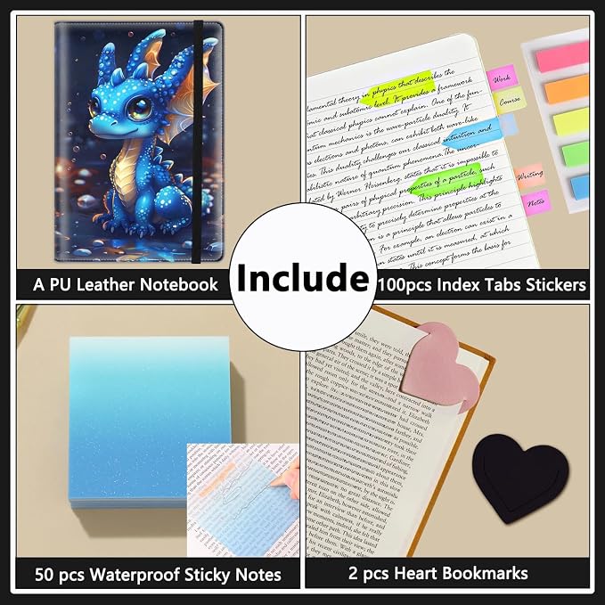 A5 Leather Lined Journal Notebook, 200 Pages Hardcover Executive Notebook for Men Women Office School Note Taking, Thick Writing Paper Daily Journal with Bookmarks/Indexes,Baby Dragon