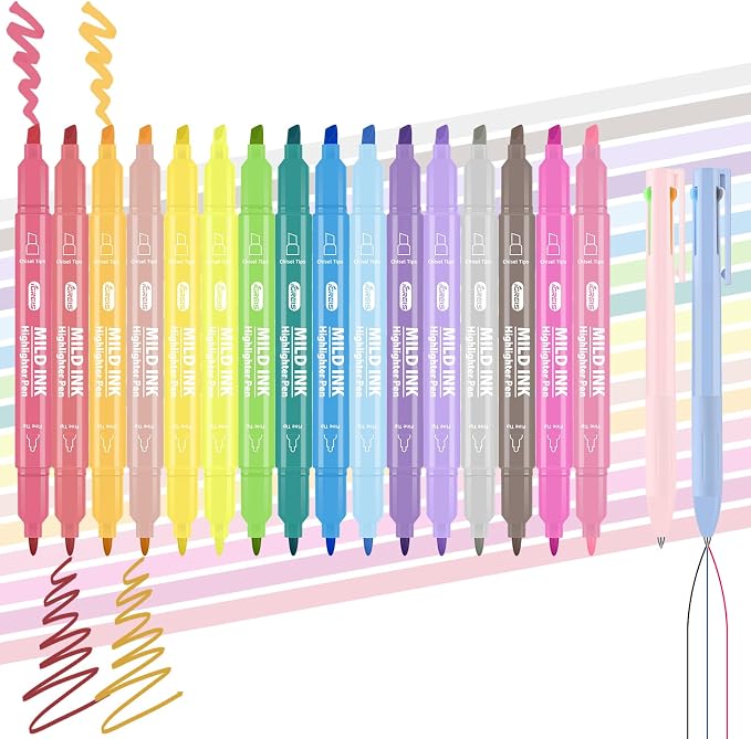 18 Pcs Aesthetic Highlighters and Gel Pens Set - 16 Colors Dual Tip Pastel Highlighters (Chisel & Fine Tips) & 2 Pcs 3-in-1 Multicolor Gel Pens for Journaling, School Supplies, Textbooks