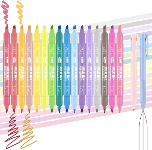 18 Pcs Aesthetic Highlighters and Gel Pens Set - 16 Colors Dual Tip Pastel Highlighters (Chisel & Fine Tips) & 2 Pcs 3-in-1 Multicolor Gel Pens for Journaling, School Supplies, Textbooks