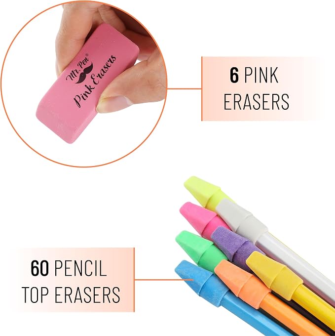 Mr. Pen- School Eraser Combination Set, 60 Pack, Assorted Colors | Latex Free Erasers for School, Office, Art Sketching, Homework, Exams, Clean Smudge-Free Correction