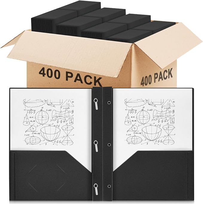 Yeaqee 400 Pcs Plastic 2 Pocket Folders with Prongs Bulk for Back to School, 3 Prong File Folders Fit Letter Size Paper, for School Office Homework Paperwork Organization Supplies (Black)