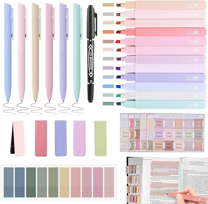 Bible Journaling Kit, Bible Study Supplies Set for Women & Men | Includes 12 No Bleed Bible Highlighters, 6 Pens, 90 Laminated Bible Tabs, Magnetic Bookmarks & Sticky Notes